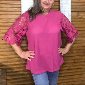 Garden Romance Waffle Knit Pink Top - Grace & Emma Lace Sleeve Women's